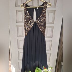 Irene’s Story Evening Dress Gold Sequins Keyhole Bodice/Back Chiffon HiLo Skirt